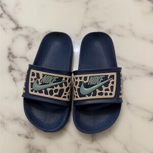 Kids Nike Navy Slides with Light Blue Swoosh and Beige Accents